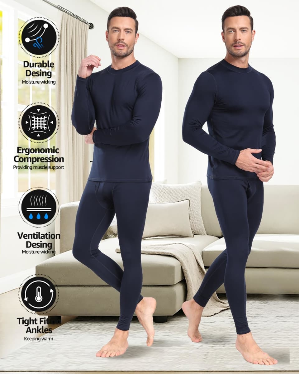 UNIQUEBLLA Long Johns Thermal Underwear Set for Men Thermal Base Layer Cold Weather Bottom Top, Dull Black, Small thumbnail 2