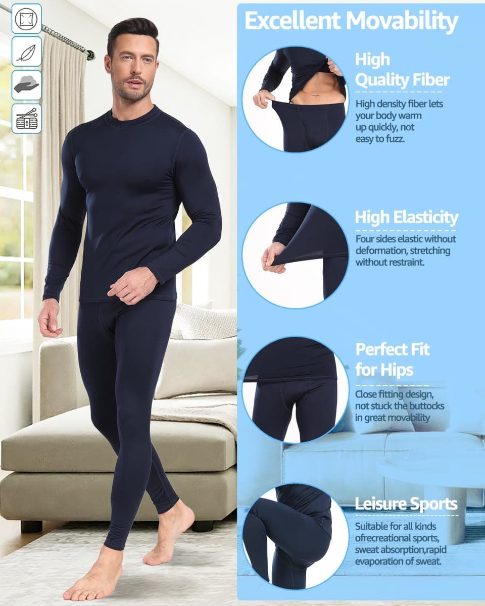 UNIQUEBLLA Long Johns Thermal Underwear Set for Men Thermal Base Layer Cold Weather Bottom Top, Dull Black, Small thumbnail 3