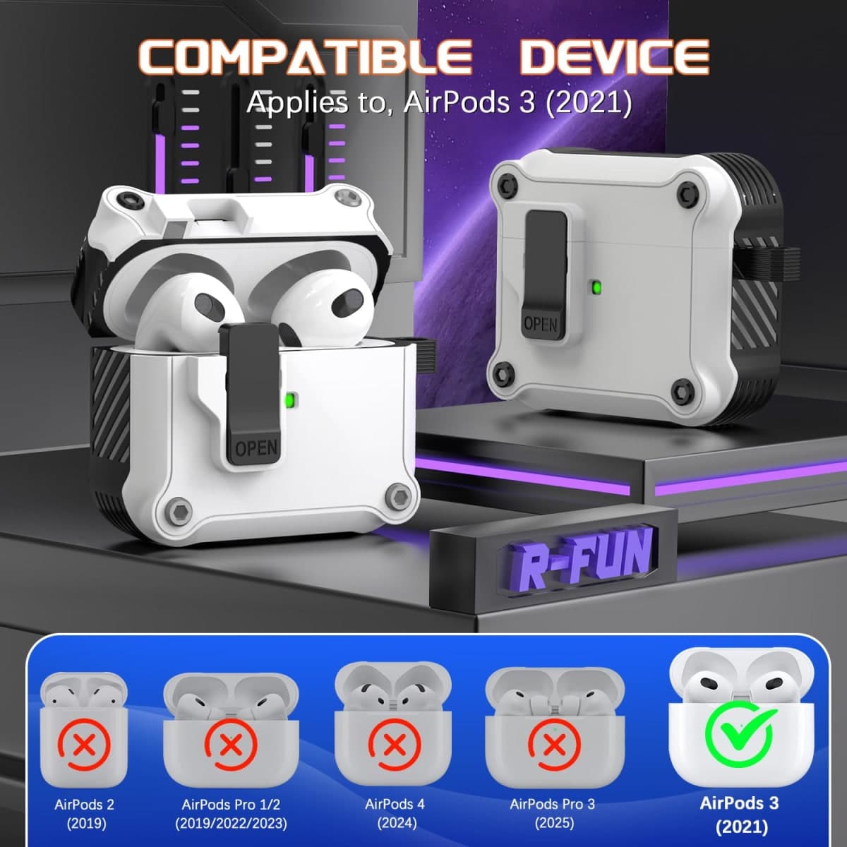 R-fun for AirPods 3rd Generation 2021 Charging Case Cover, Full Drop Protection Auto Pop-Up Lid Design for Apple Airpod 3 Gen Case with Cleaner Kit & Keychain,White thumbnail 2