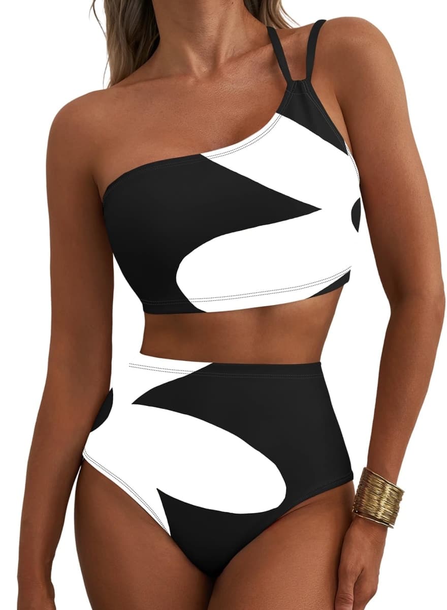 Herseas Women Bikini Sets One Shoulder Floral Print Padded Swimsuits High Waisted Tummy Control Stretchy Two Piece Bathing Suits Flattering 2026 Beach Cruise Essentials Black White Abstract XX-Large — image 1