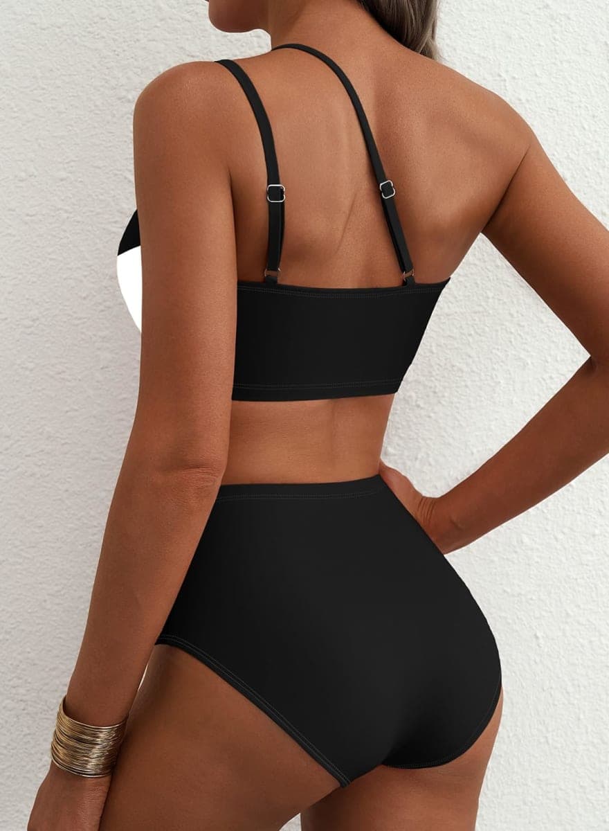 Herseas Women Bikini Sets One Shoulder Floral Print Padded Swimsuits High Waisted Tummy Control Stretchy Two Piece Bathing Suits Flattering 2026 Beach Cruise Essentials Black White Abstract XX-Large thumbnail 2