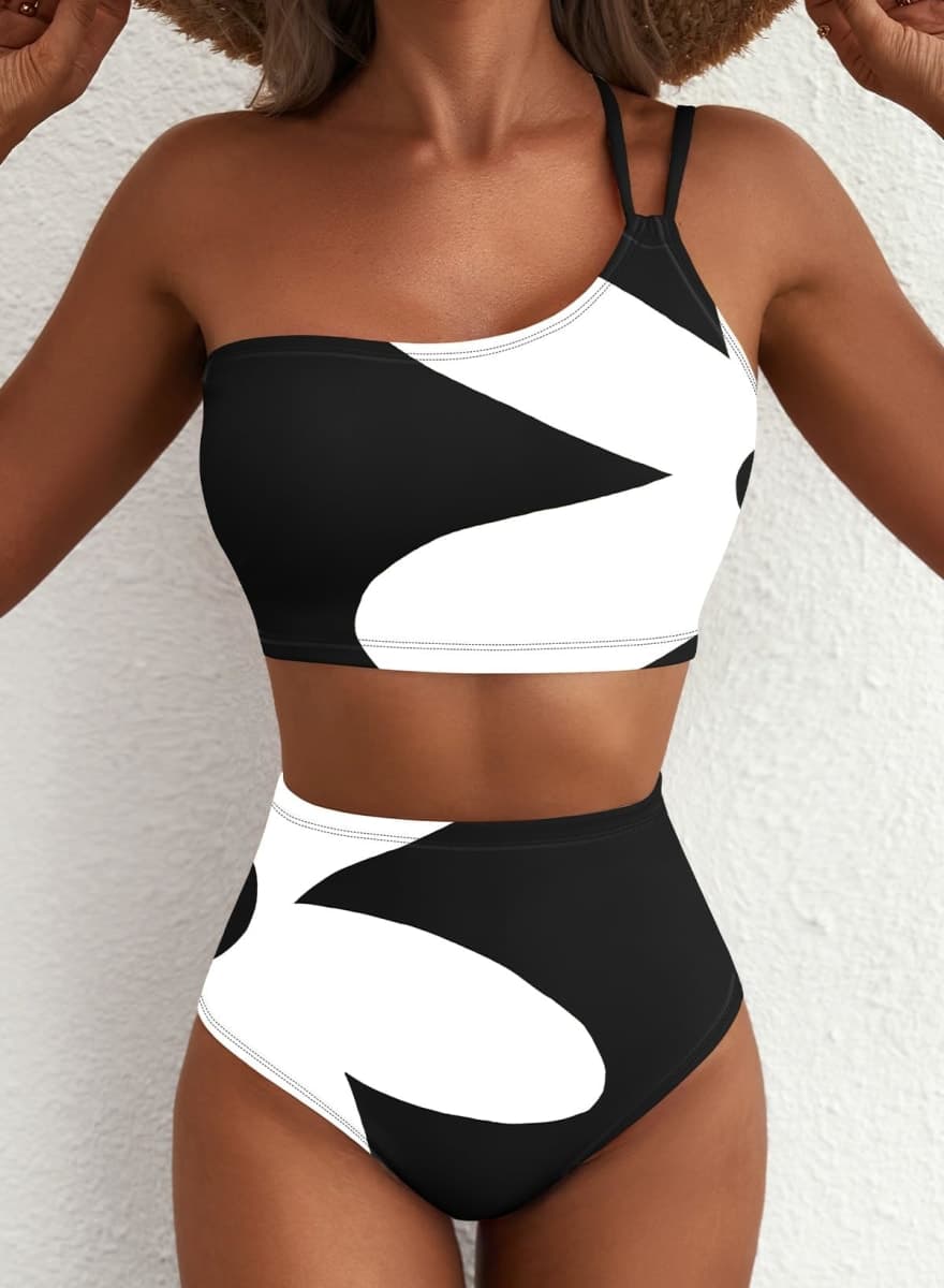 Herseas Women Bikini Sets One Shoulder Floral Print Padded Swimsuits High Waisted Tummy Control Stretchy Two Piece Bathing Suits Flattering 2026 Beach Cruise Essentials Black White Abstract XX-Large thumbnail 3