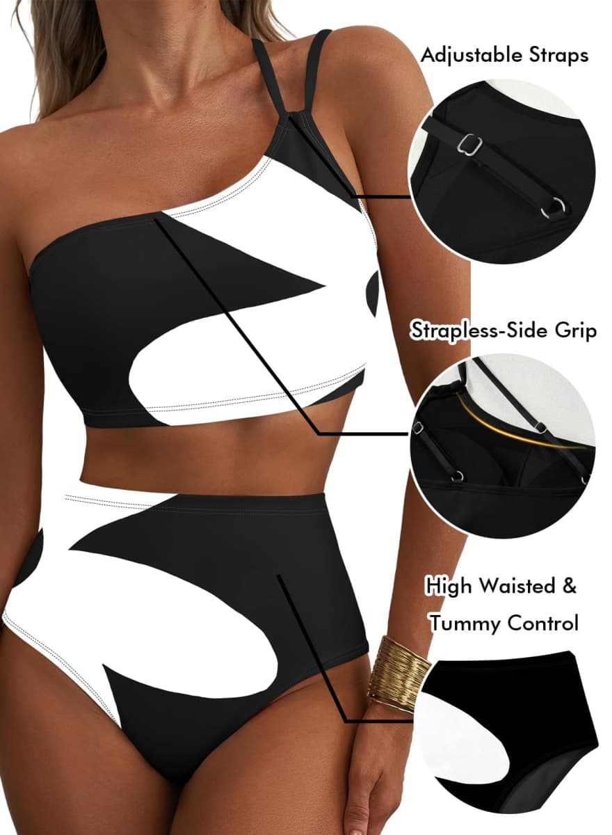Herseas Women Bikini Sets One Shoulder Floral Print Padded Swimsuits High Waisted Tummy Control Stretchy Two Piece Bathing Suits Flattering 2026 Beach Cruise Essentials Black White Abstract XX-Large thumbnail 4