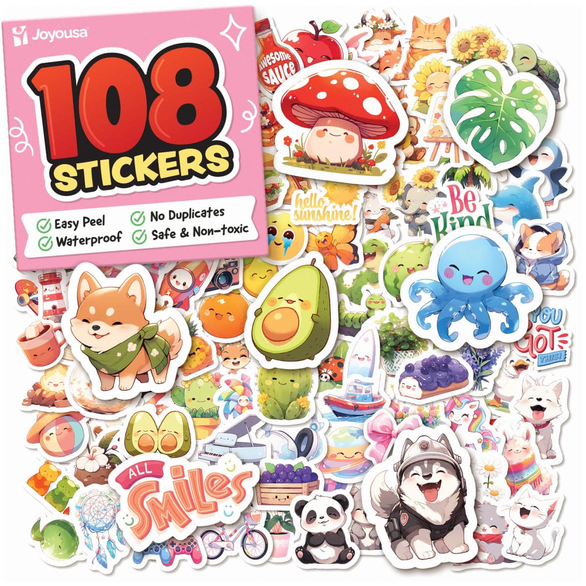 Cute Stickers for Kids - Kawaii Water Bottle Stickers for Teens - 108pc Sticker Pack - Waterproof Vinyl Stickers for Water Bottles, Scrapbook, Laptops, Etc.