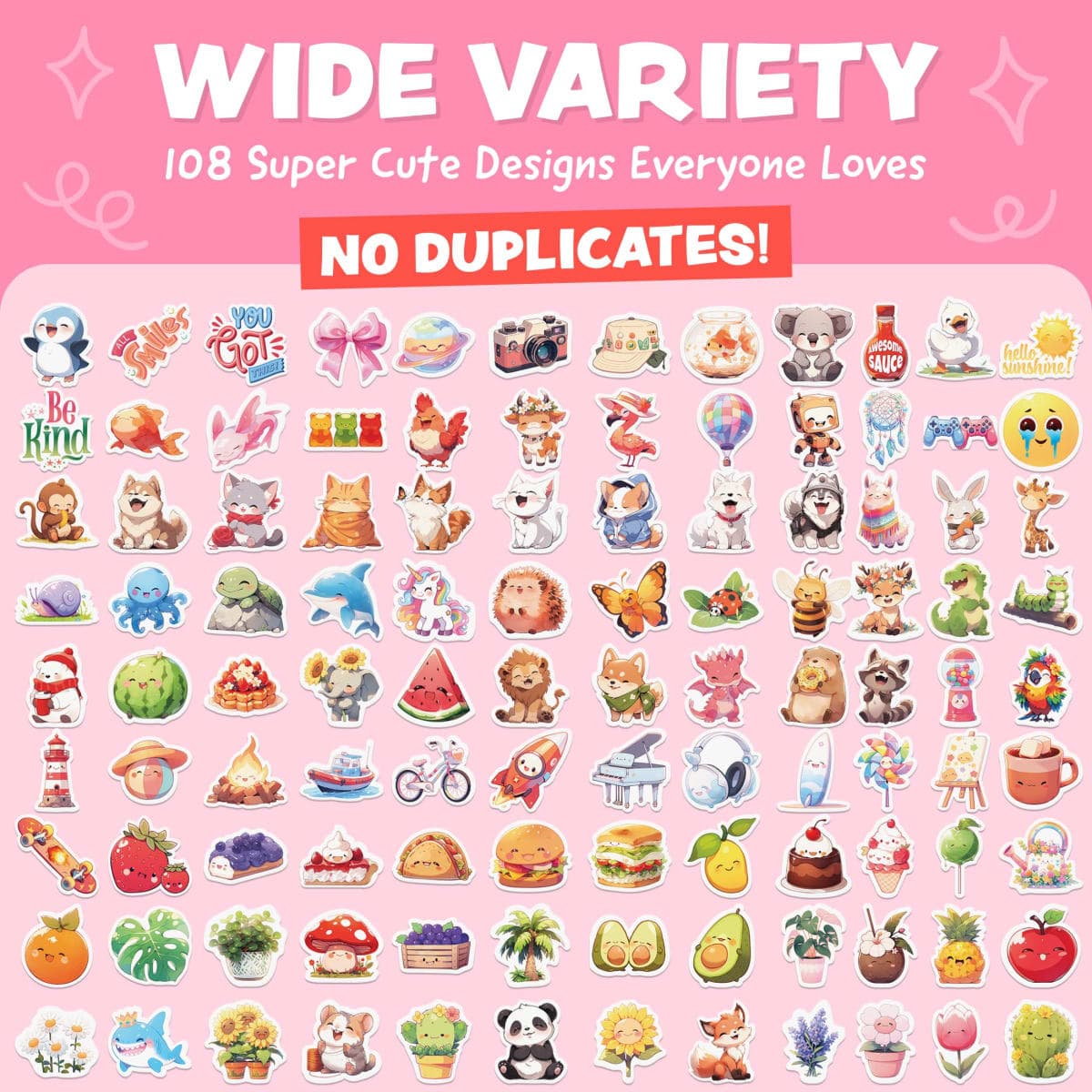 Cute Stickers for Kids - Kawaii Water Bottle Stickers for Teens - 108pc Sticker Pack - Waterproof Vinyl Stickers for Water Bottles, Scrapbook, Laptops, Etc. thumbnail 2
