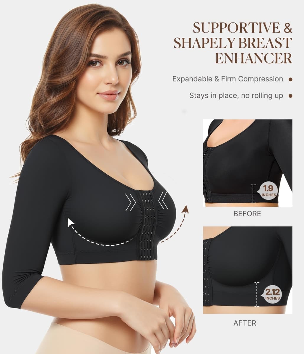BRABIC Upper Arm Shaper for Women Fajas Post Surgery Compression Sleeves Front Closure Bra Arm Lipo Shapewear Tops, Black, Large thumbnail 2