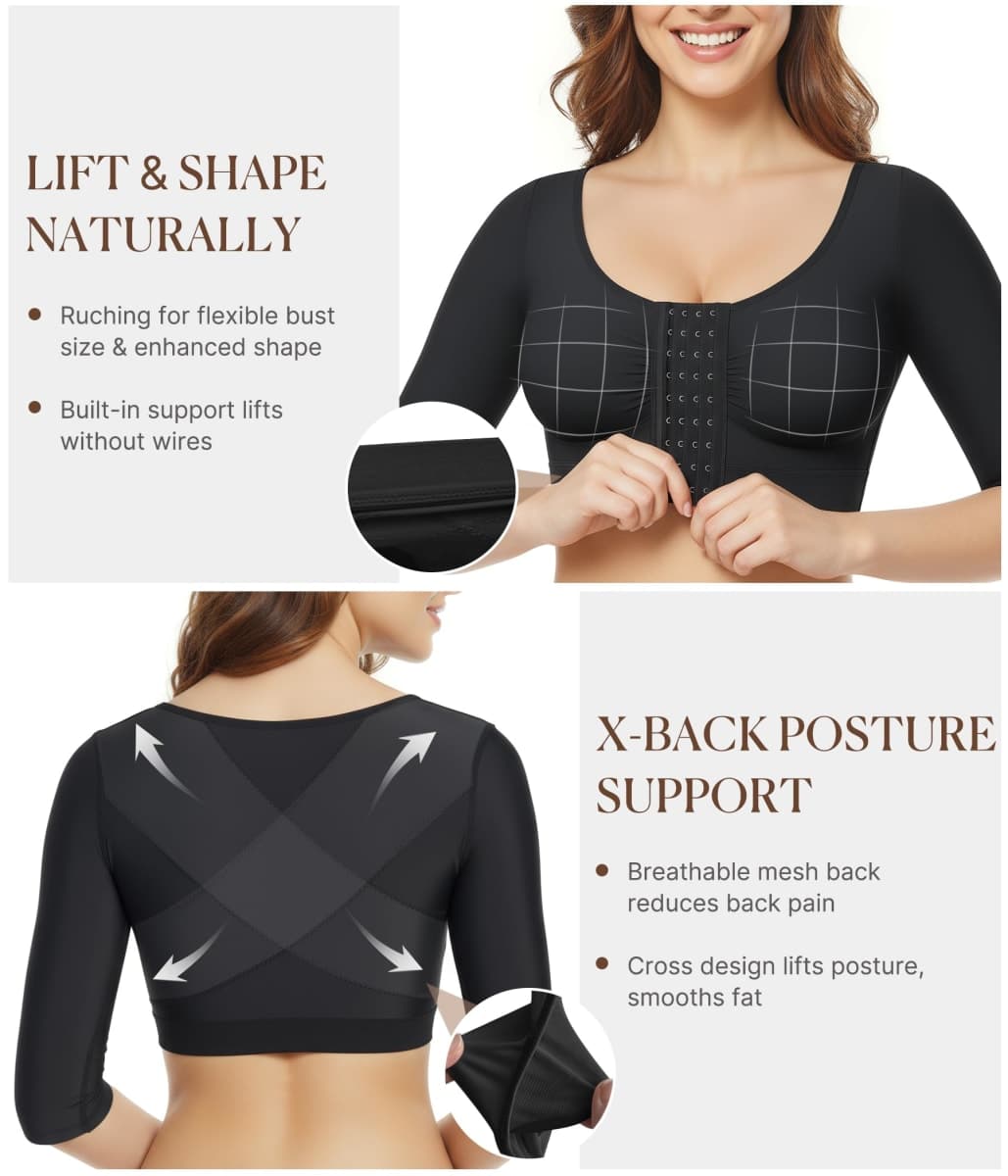 BRABIC Upper Arm Shaper for Women Fajas Post Surgery Compression Sleeves Front Closure Bra Arm Lipo Shapewear Tops, Black, Large thumbnail 4