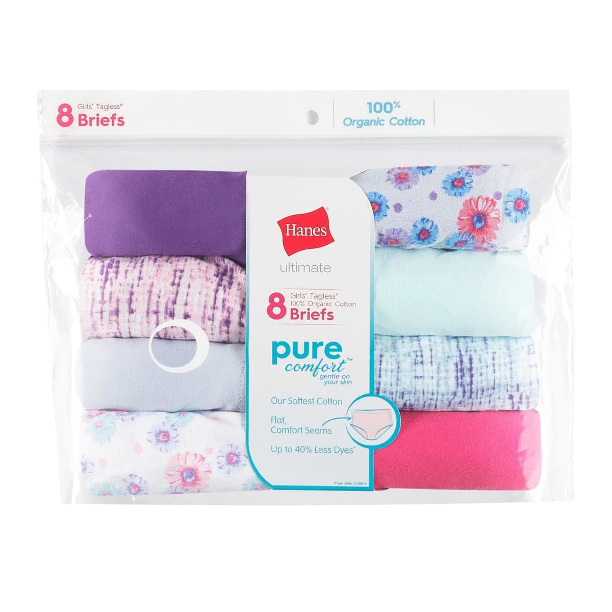 Hanes Ultimate Girls' Underwear, Pure Comfort Organic 100% Cotton Panties, Briefs & Hipsters, 8-Pack, Brief - Pink Blue Solids & Patterns, 10 thumbnail 4
