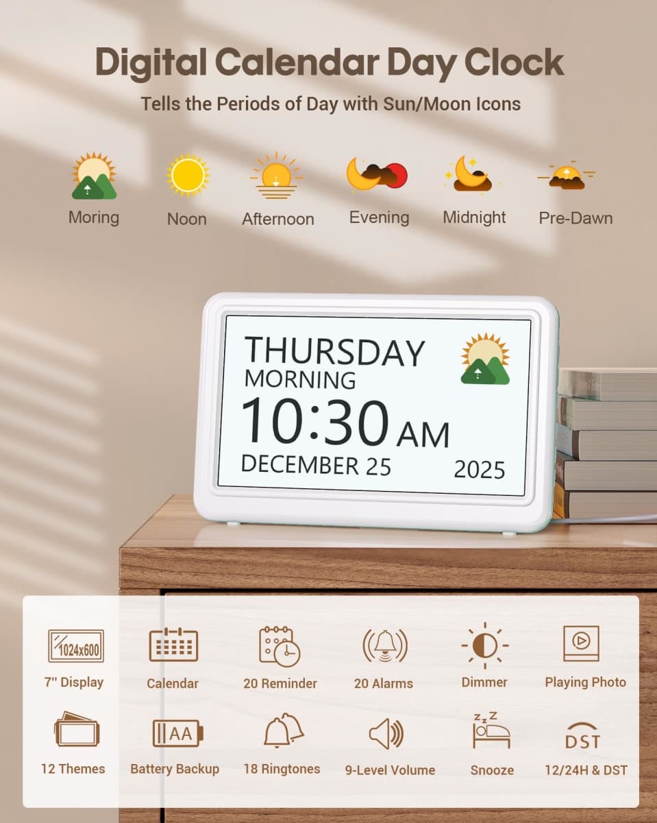 Clock for Seniors, Digital Calendar Alarm Clock Dementia Clocks with Day and Date, 12 Display Modes, 20 Alarm Settings and 6 Medicine Reminders, Digital Clock Large Display for Elderly (7 Inch) thumbnail 2