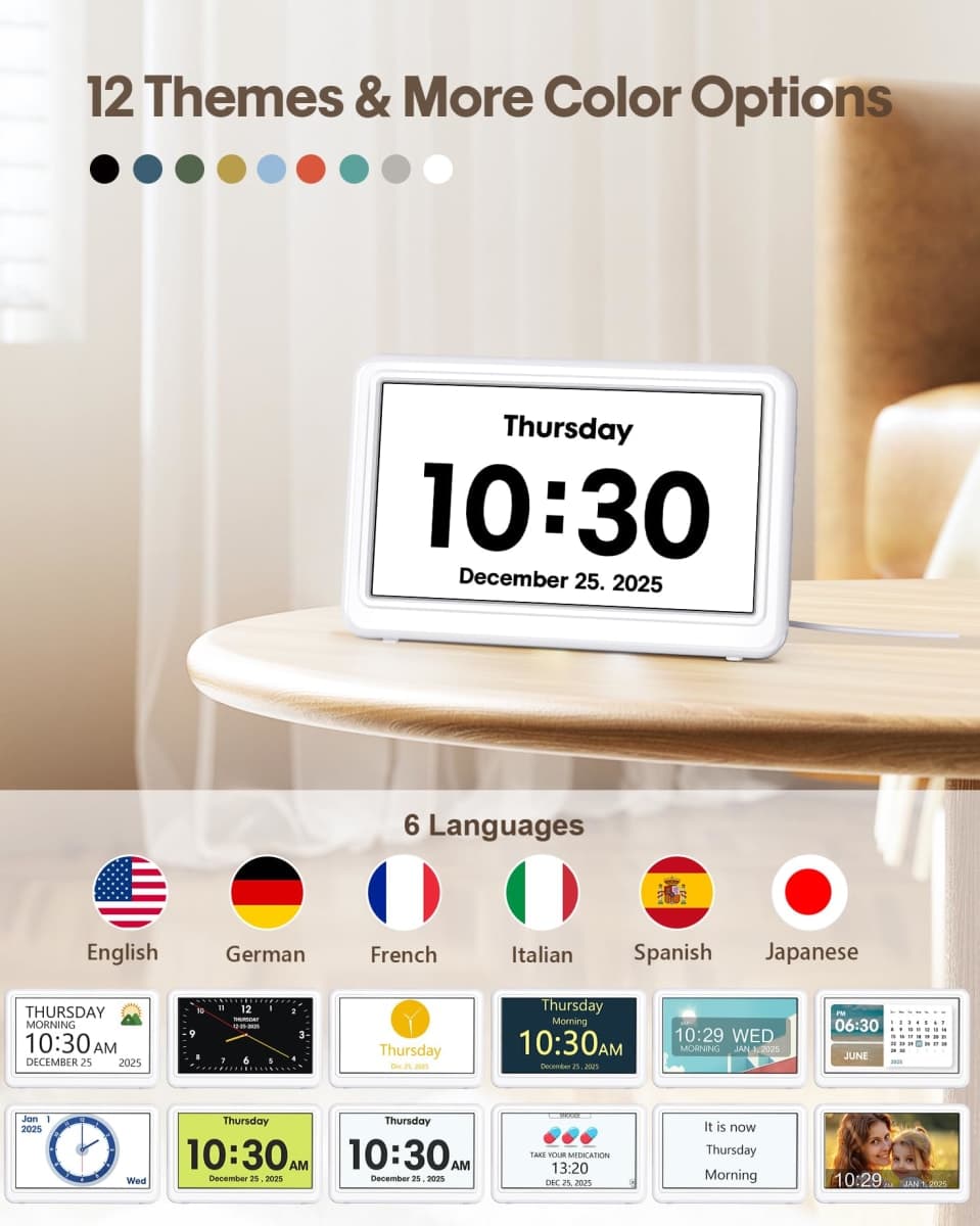 Clock for Seniors, Digital Calendar Alarm Clock Dementia Clocks with Day and Date, 12 Display Modes, 20 Alarm Settings and 6 Medicine Reminders, Digital Clock Large Display for Elderly (7 Inch) thumbnail 4