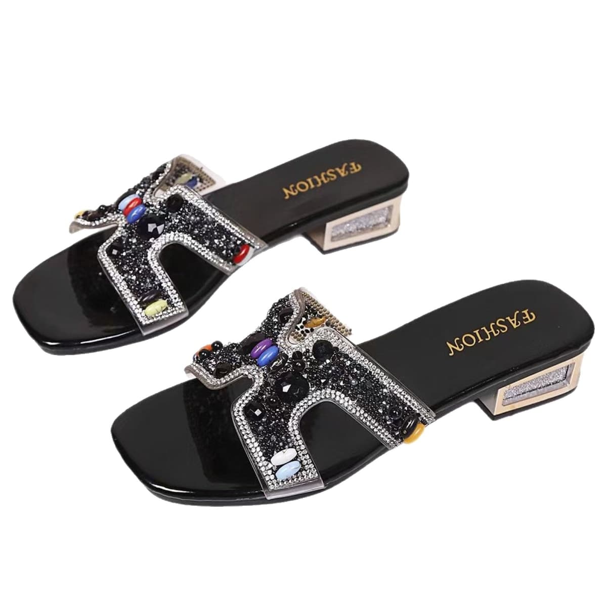 DONRRNDK Women's Rhinestone Slide Sandals Fashion Sparkly Embellished Square Toe Low Block Heel Slippers Non-slip Comfortable Slip-on Flat Sandals for Casual Daily Wear Black, Black, 6 — image 1