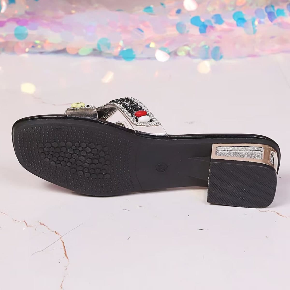DONRRNDK Women's Rhinestone Slide Sandals Fashion Sparkly Embellished Square Toe Low Block Heel Slippers Non-slip Comfortable Slip-on Flat Sandals for Casual Daily Wear Black, Black, 6 thumbnail 3