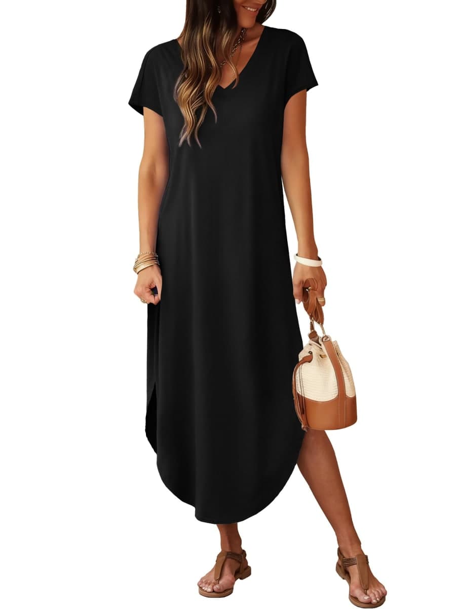 RUMIA Summer Casual Maxi Dresses for Women- Women's V Neck Cap Sleeve Long Sundress with Pockets Beach Vacation, Black, Medium thumbnail 2