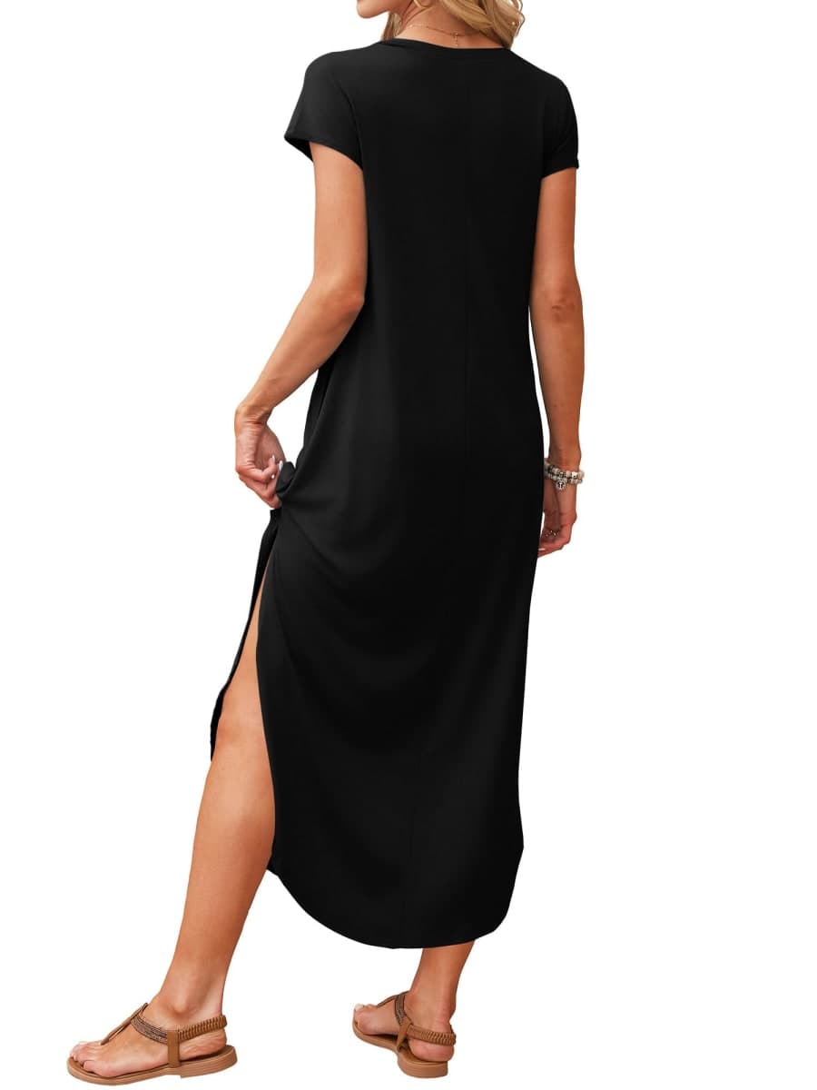 RUMIA Summer Casual Maxi Dresses for Women- Women's V Neck Cap Sleeve Long Sundress with Pockets Beach Vacation, Black, Medium thumbnail 4