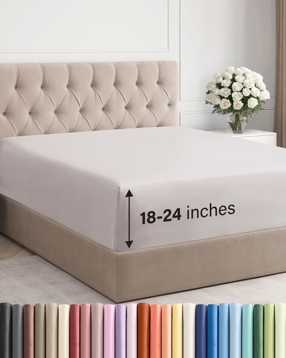 Extra Deep Queen Fitted Sheet - Hotel Luxury Single Fitted Sheet Only - Easily Fits 18 inch to 24 inch Mattress - Soft, Wrinkle Free, Breathable and Comfy - Extra Deep Pockets Light Grey Fitted Sheet