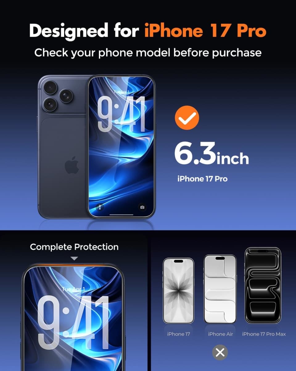 UNBREAKcable 2-Pack Screen Protector for iPhone 17 Pro, Double Shatterproof Tempered Glass [Easy Installation Frame] [9H Hardness] [99.99% HD Clear] [Case Friendly] for iPhone 6.3 inch thumbnail 2