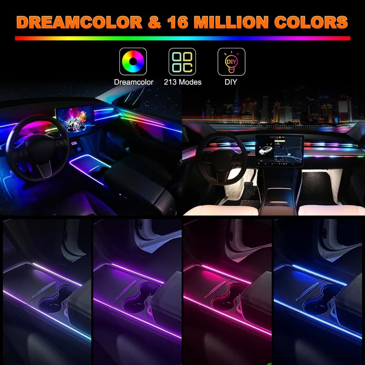 Jushope Interior Car LED Strip Lights, Acrylic LED Lights for Car with Dynamic Dreamcolor Chasing, Ambient Lighting Kits Music Sync Wireless APP and RF Remote Control (6 in 1) thumbnail 2