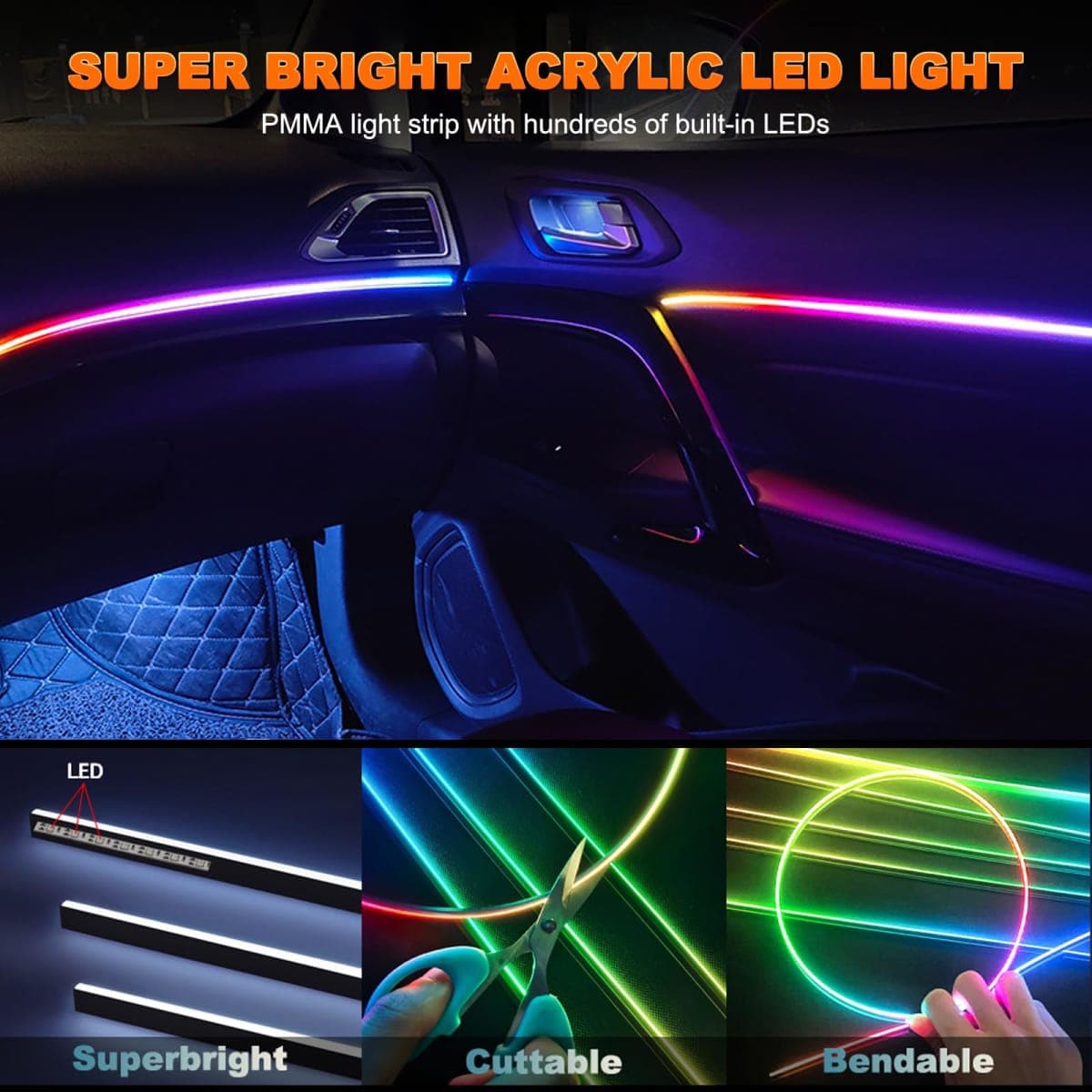 Jushope Interior Car LED Strip Lights, Acrylic LED Lights for Car with Dynamic Dreamcolor Chasing, Ambient Lighting Kits Music Sync Wireless APP and RF Remote Control (6 in 1) thumbnail 3