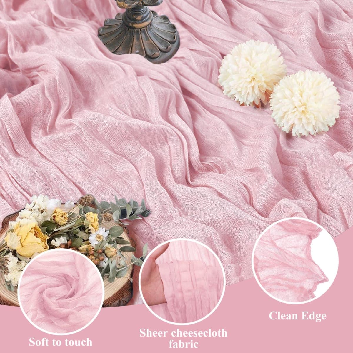 Asee'm 2pcs Cheesecloth Table Runner 120 Inches Blushing Pink Boho Gauze Cheese Cloth Runner 10FT Rustic Sheer Table Runners for Summer Wedding Baby Shower Holiday Party Decoration thumbnail 3