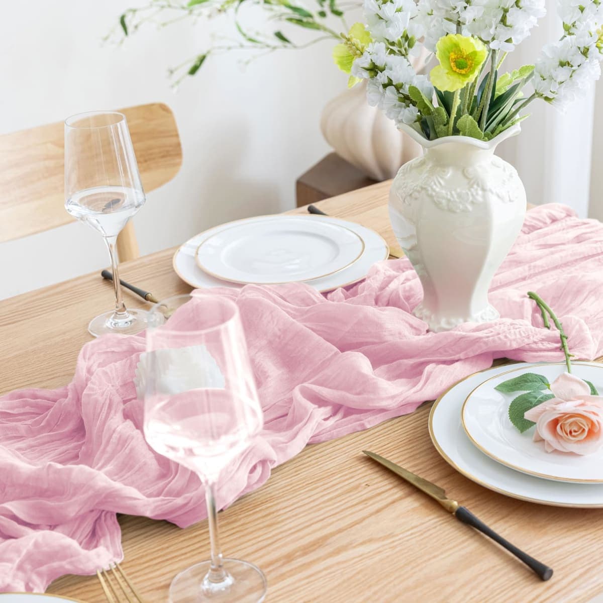 Asee'm 2pcs Cheesecloth Table Runner 120 Inches Blushing Pink Boho Gauze Cheese Cloth Runner 10FT Rustic Sheer Table Runners for Summer Wedding Baby Shower Holiday Party Decoration thumbnail 5