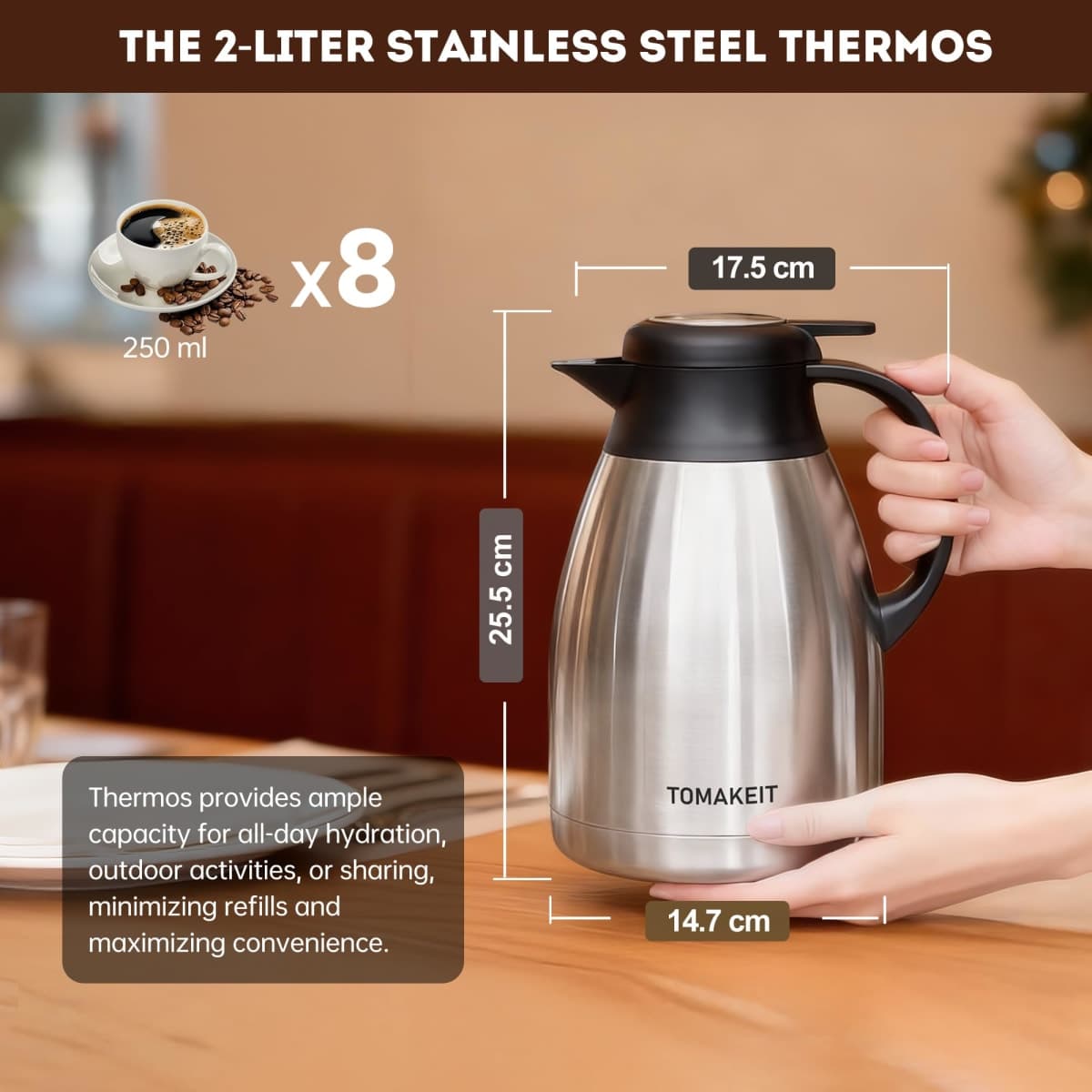 Thermal Coffee Carafe, 2L/68 Oz Stainless Steel Vacuum Insulated Thermoses, Double-Wall Design, 24-Hour Hot & Cold, Leak-Proof, Portable for Travel,Camping,Office (C) thumbnail 3