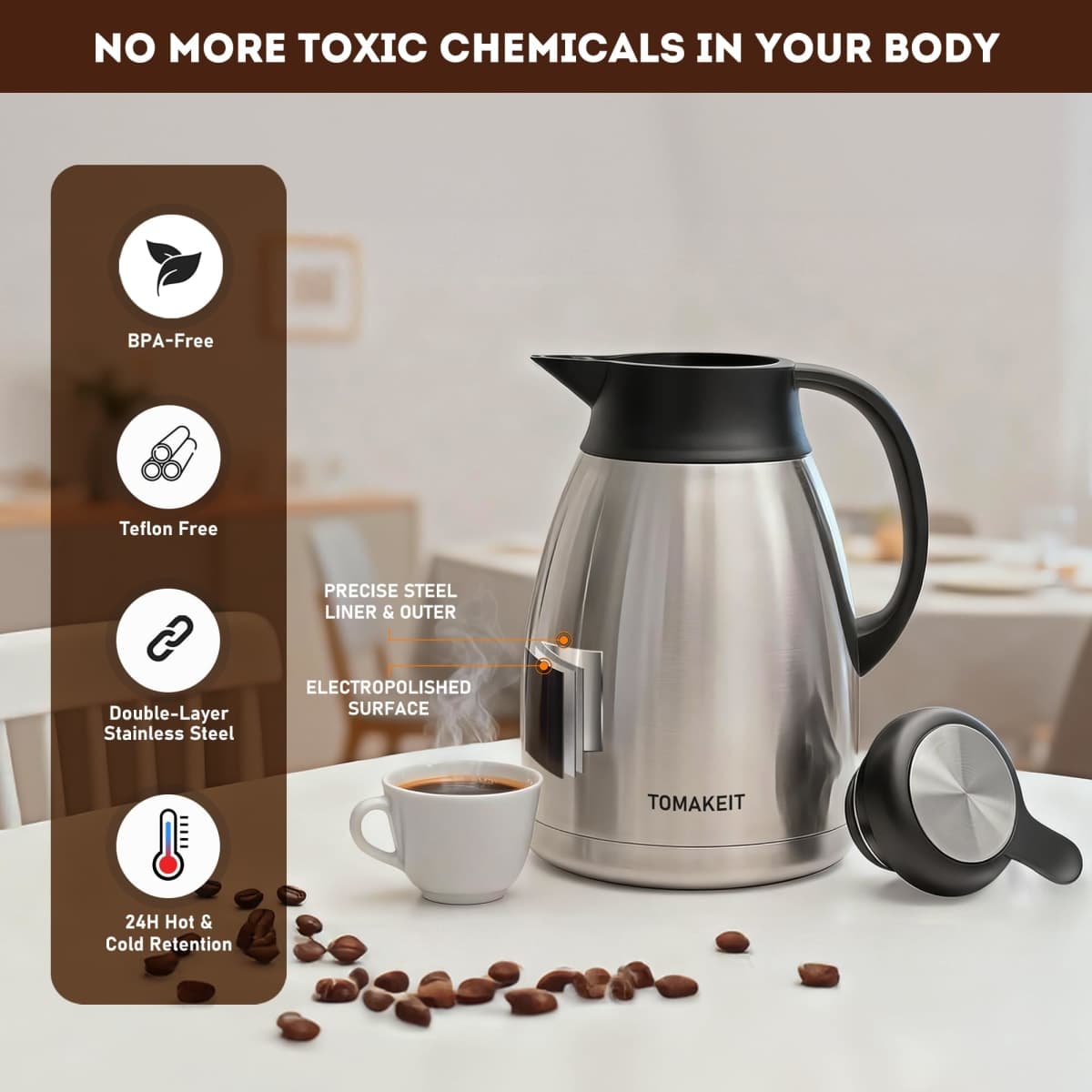 Thermal Coffee Carafe, 2L/68 Oz Stainless Steel Vacuum Insulated Thermoses, Double-Wall Design, 24-Hour Hot & Cold, Leak-Proof, Portable for Travel,Camping,Office (C) thumbnail 4