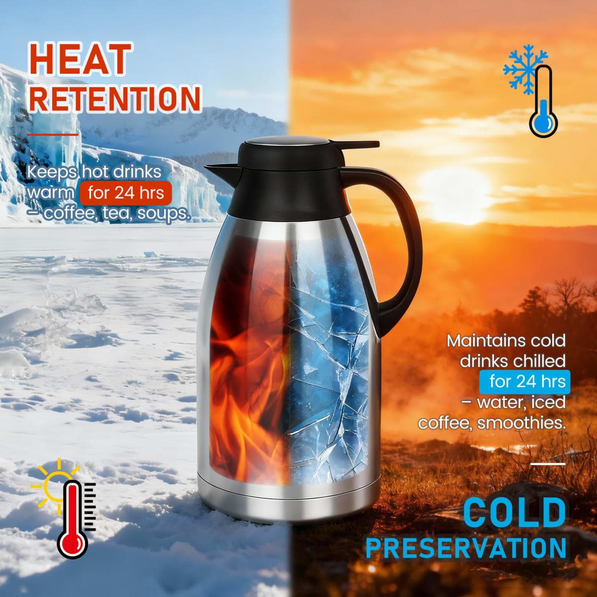 Thermal Coffee Carafe, 2L/68 Oz Stainless Steel Vacuum Insulated Thermoses, Double-Wall Design, 24-Hour Hot & Cold, Leak-Proof, Portable for Travel,Camping,Office (C) thumbnail 5