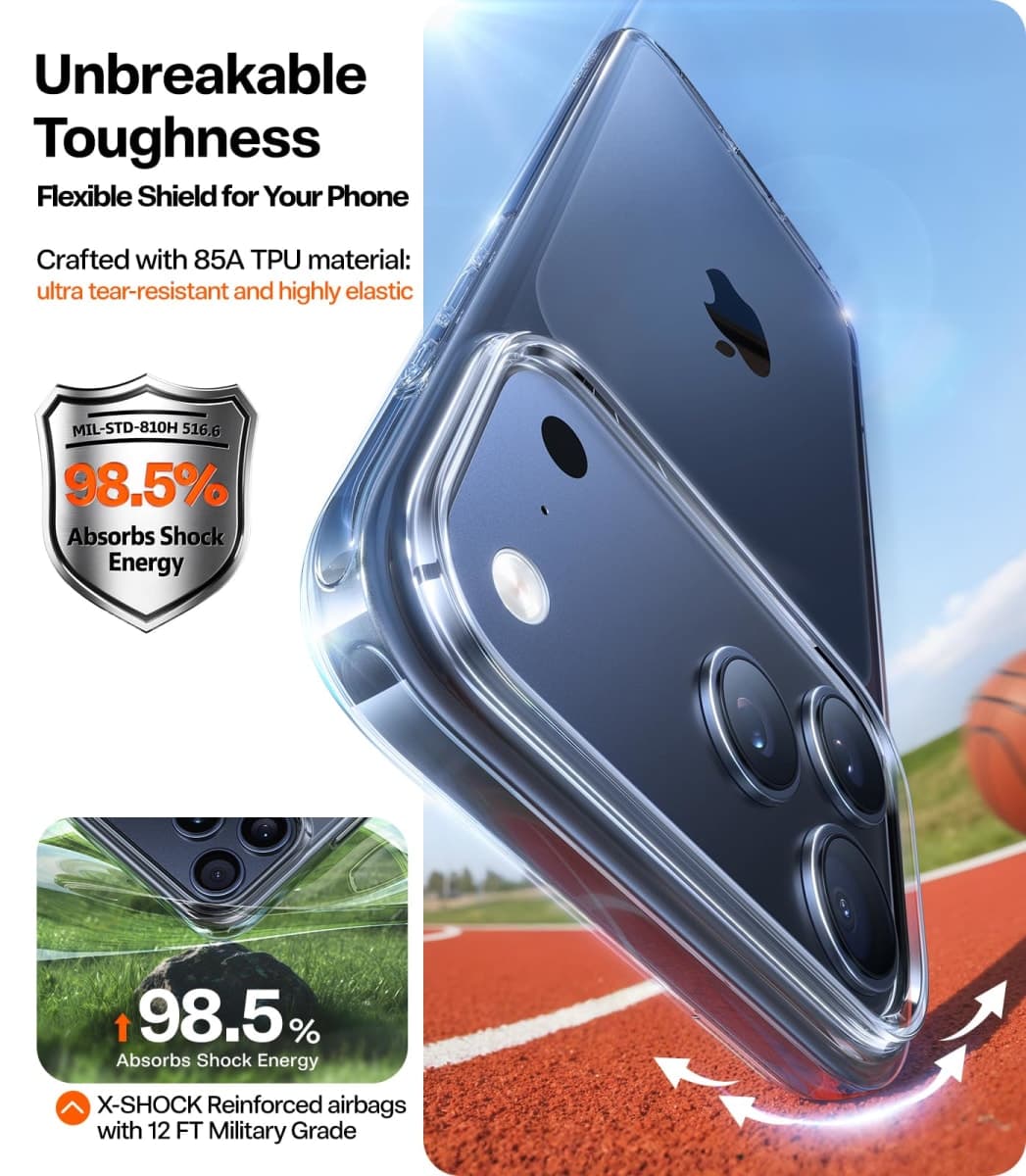 TORRAS Crystal Clear for 17 Pro Max Case, [Anti-Yellowing][Military-Grade Protection] X-ShockShield 4.0 Cushioning Shockproof, Slim Transparent Soft Bumper Protective Phone Cover 6.9", Clear thumbnail 5
