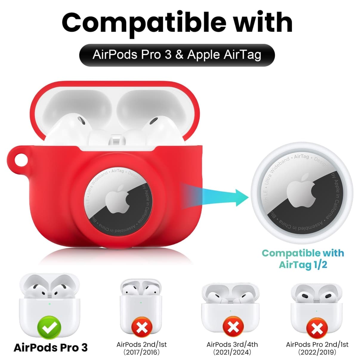 LDSXAY 2 in 1 Silicone Case Compatible with AirPods Pro 3 and AirTag, Shockproof Protective Case Cover for AirPods Pro 3rd Generation 2025 with Cleaner Kit & Carabiner (Black) thumbnail 2