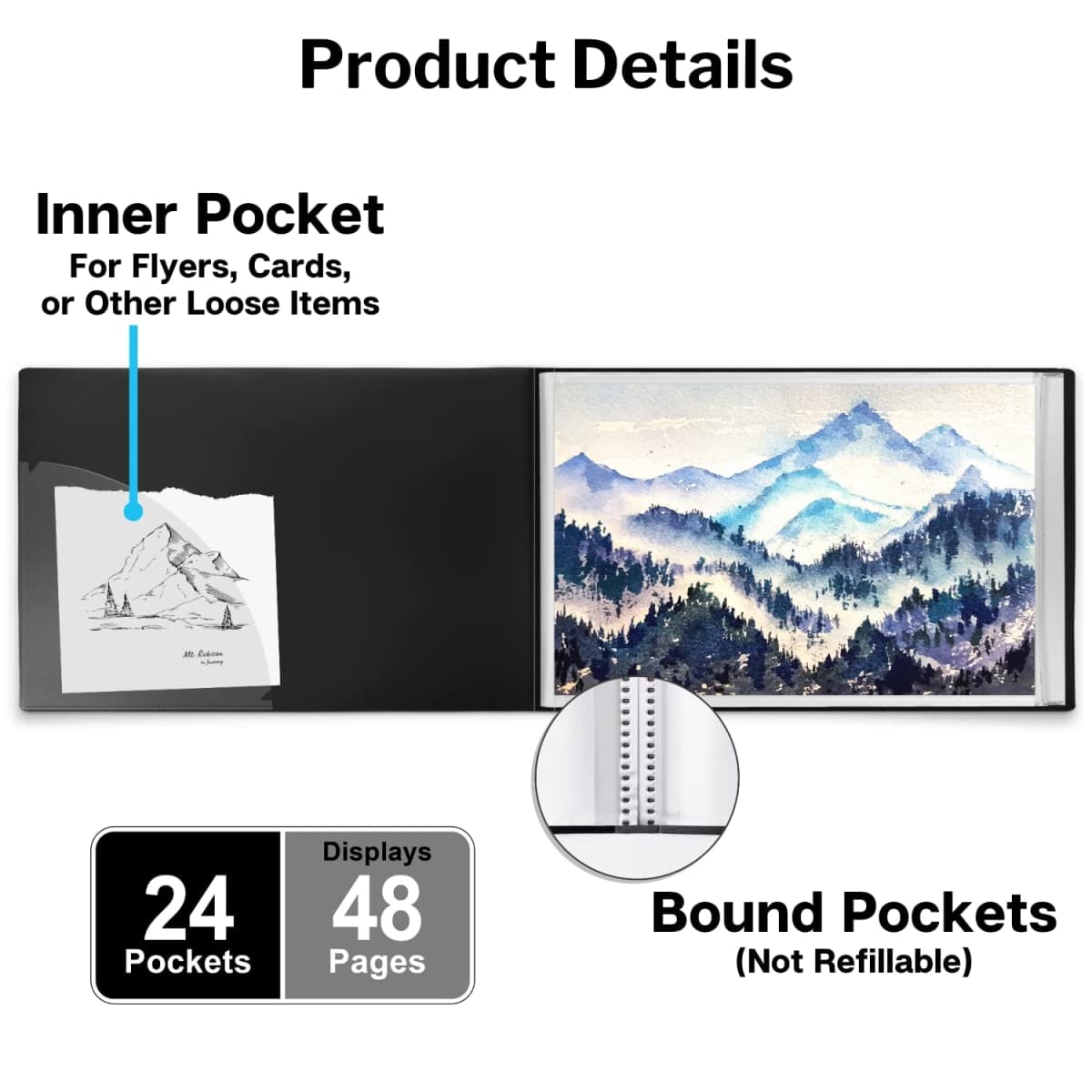 Dunwell 11x17 Portfolio Binder (Black, Horizontal), Presentation Book with 24 Pockets, Large 11 x 17 Art Portfolio Folder, Acid-Free Poly Cover and Sleeves thumbnail 4
