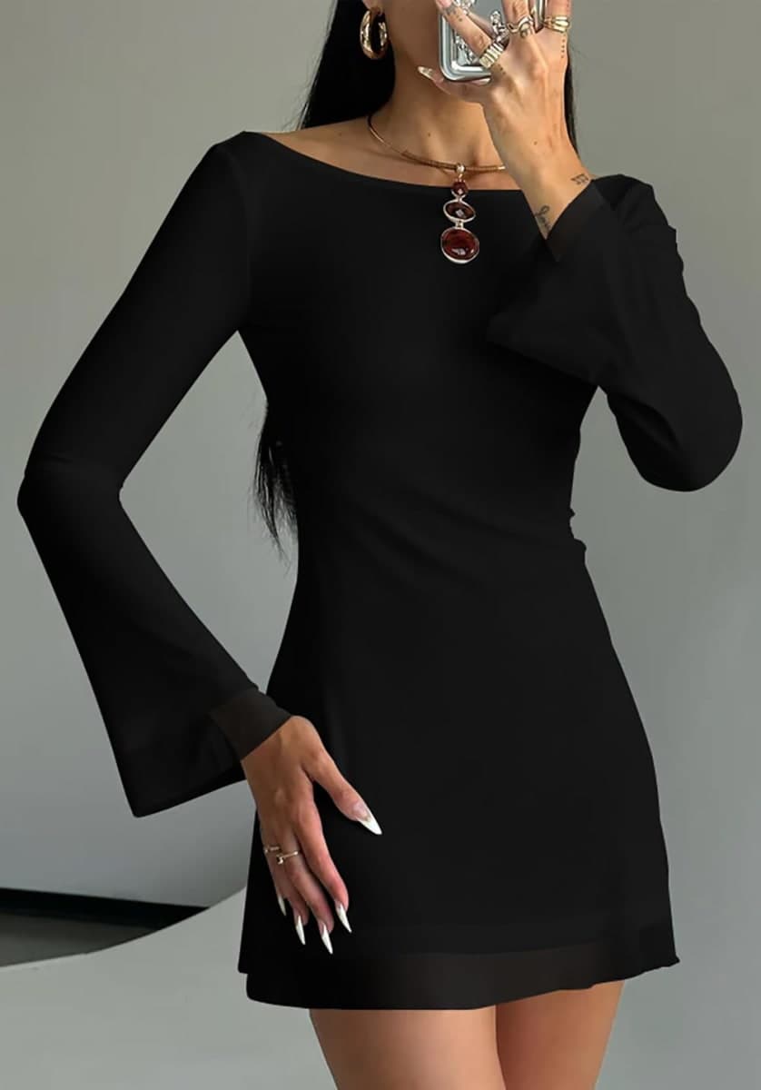 GOBLES Women's Sexy Long Flare Sleeve Boat Neck A-line Mini Cocktail Party Dress, Black, X-Large thumbnail 2