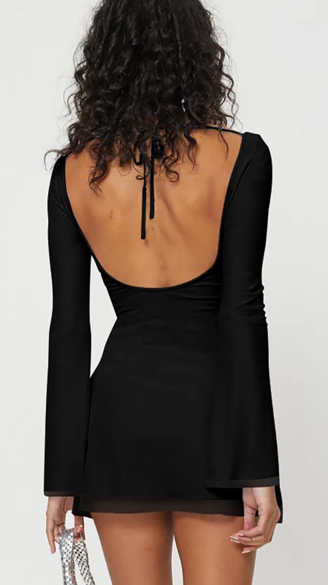 GOBLES Women's Sexy Long Flare Sleeve Boat Neck A-line Mini Cocktail Party Dress, Black, X-Large thumbnail 4