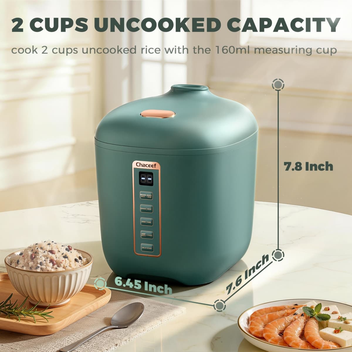 CHACEEF Mini Rice Cooker 2-Cups Uncooked, 1.2L Portable Non-Stick Small Travel Rice Cooker, Smart Control Multifunction Cooker with 24 Hours Timer Delay & Keep Warm Function, Food Steamer, Green thumbnail 2