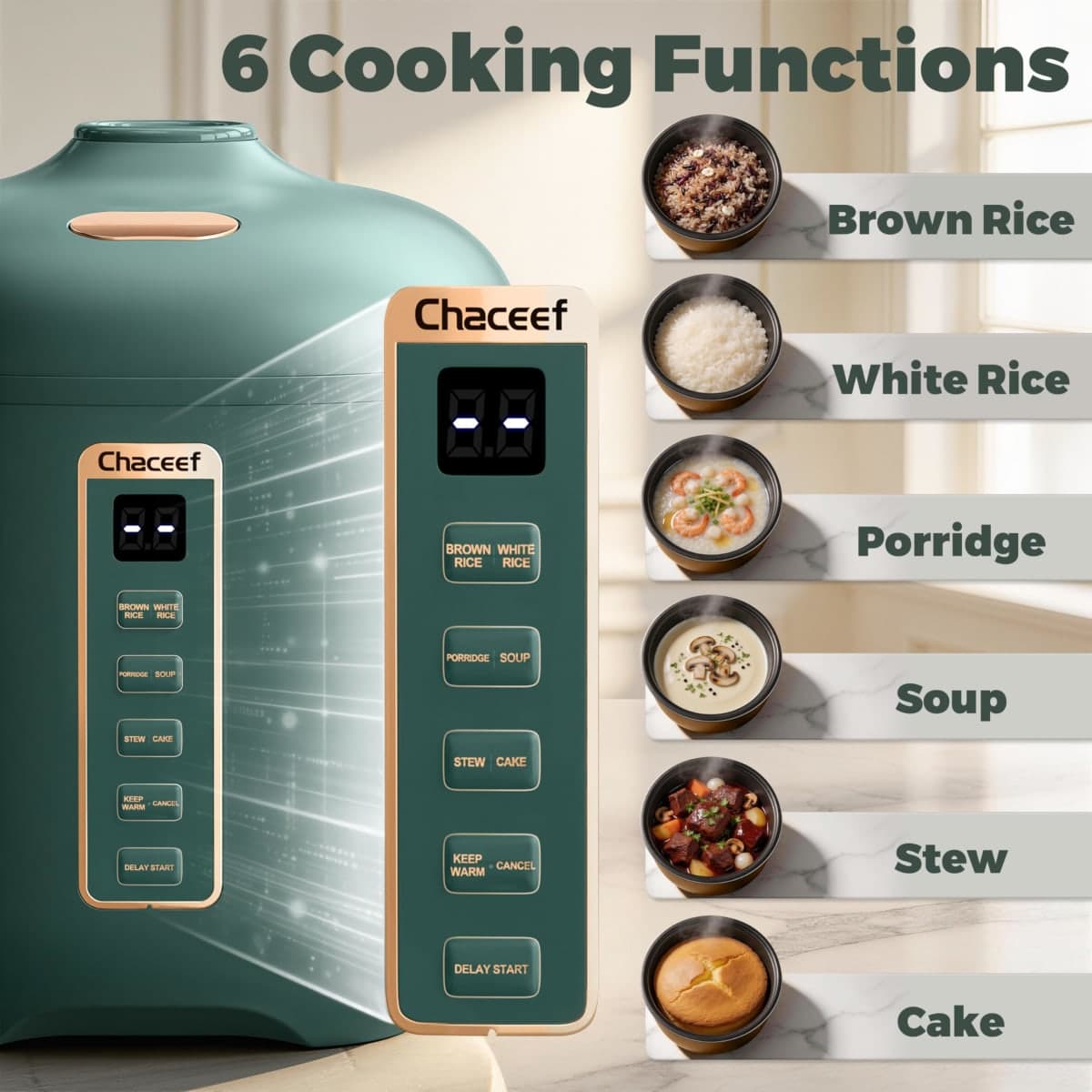 CHACEEF Mini Rice Cooker 2-Cups Uncooked, 1.2L Portable Non-Stick Small Travel Rice Cooker, Smart Control Multifunction Cooker with 24 Hours Timer Delay & Keep Warm Function, Food Steamer, Green thumbnail 3