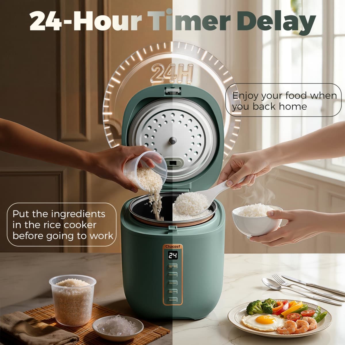 CHACEEF Mini Rice Cooker 2-Cups Uncooked, 1.2L Portable Non-Stick Small Travel Rice Cooker, Smart Control Multifunction Cooker with 24 Hours Timer Delay & Keep Warm Function, Food Steamer, Green thumbnail 4