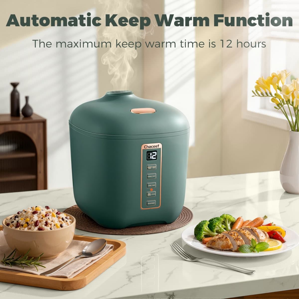 CHACEEF Mini Rice Cooker 2-Cups Uncooked, 1.2L Portable Non-Stick Small Travel Rice Cooker, Smart Control Multifunction Cooker with 24 Hours Timer Delay & Keep Warm Function, Food Steamer, Green thumbnail 5