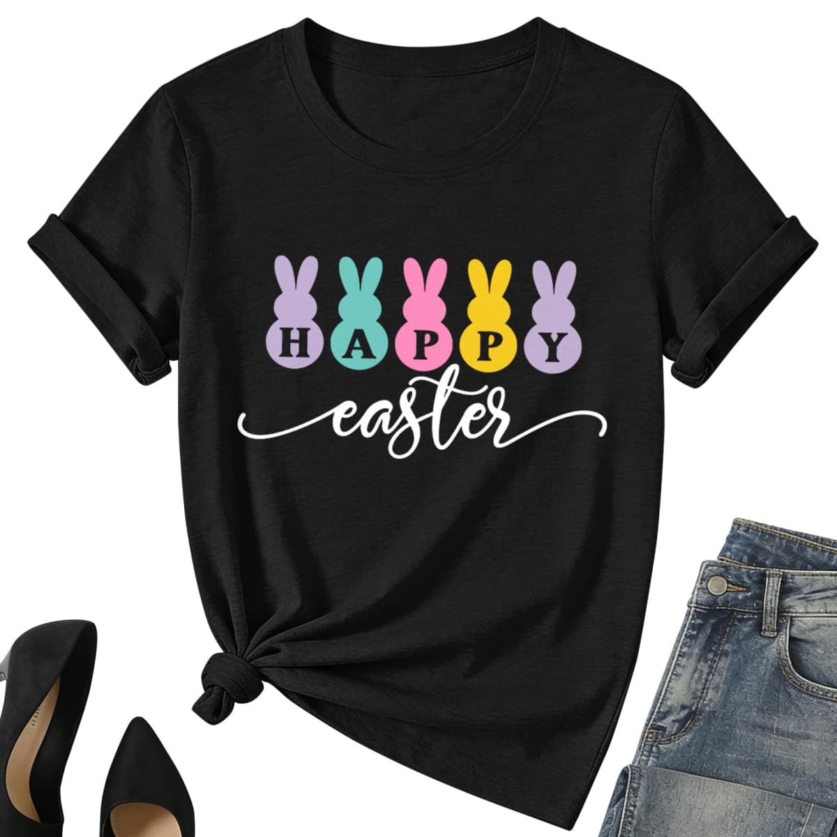 Happy Easter Shirt for Women-Cute Easter Rabbit Tee Tops Spring Colored Bunny Short Sleeve, Black-1, Medium