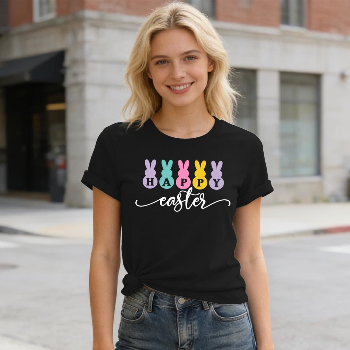 Happy Easter Shirt for Women-Cute Easter Rabbit Tee Tops Spring Colored Bunny Short Sleeve, Black-1, Medium thumbnail 2