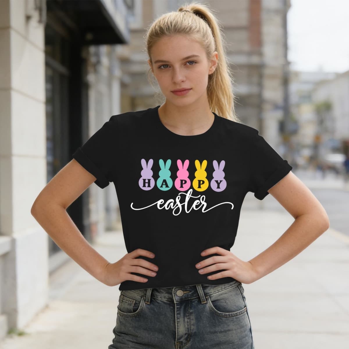 Happy Easter Shirt for Women-Cute Easter Rabbit Tee Tops Spring Colored Bunny Short Sleeve, Black-1, Medium thumbnail 3