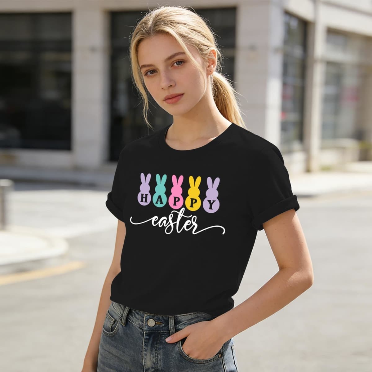 Happy Easter Shirt for Women-Cute Easter Rabbit Tee Tops Spring Colored Bunny Short Sleeve, Black-1, Medium thumbnail 4