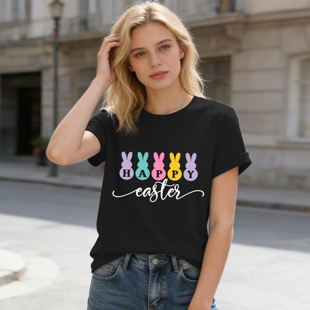 Happy Easter Shirt for Women-Cute Easter Rabbit Tee Tops Spring Colored Bunny Short Sleeve, Black-1, Medium thumbnail 5
