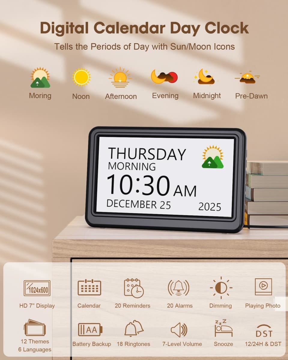 Clock with Day and Date for Elderly, 7" Large Display Digital Calendar Day Clock with 20 Custom Alarms and Medicine Reminders, 12 Display Modes, Dimmable Dementia Alzheimers Clocks for Seniors thumbnail 2