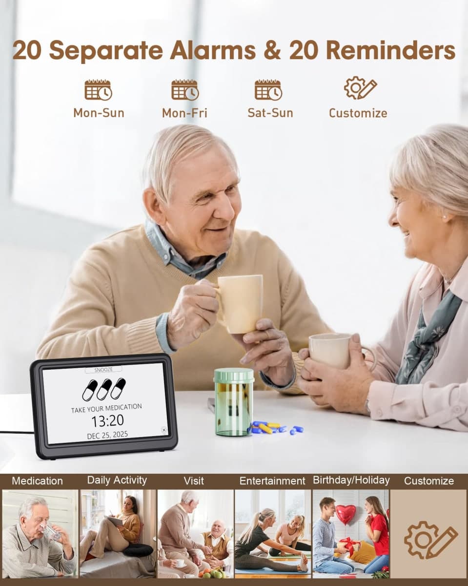 Clock with Day and Date for Elderly, 7" Large Display Digital Calendar Day Clock with 20 Custom Alarms and Medicine Reminders, 12 Display Modes, Dimmable Dementia Alzheimers Clocks for Seniors thumbnail 3