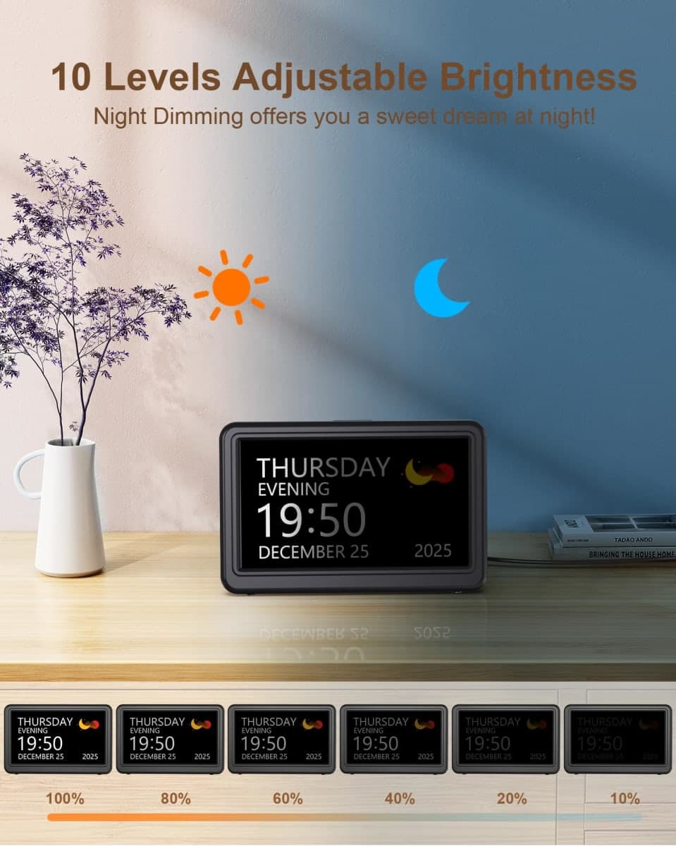 Clock with Day and Date for Elderly, 7" Large Display Digital Calendar Day Clock with 20 Custom Alarms and Medicine Reminders, 12 Display Modes, Dimmable Dementia Alzheimers Clocks for Seniors thumbnail 4