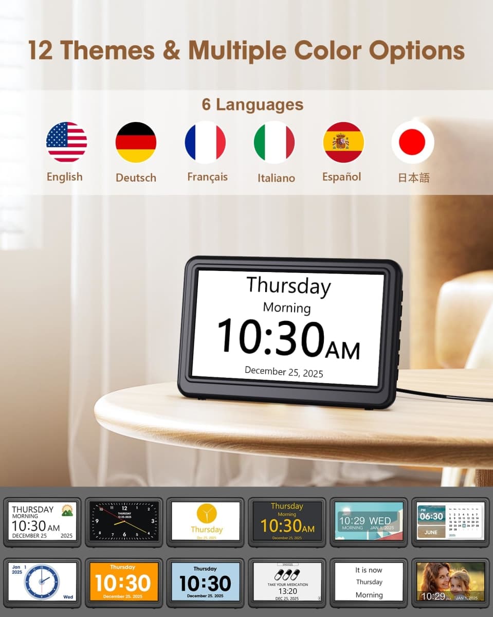 Clock with Day and Date for Elderly, 7" Large Display Digital Calendar Day Clock with 20 Custom Alarms and Medicine Reminders, 12 Display Modes, Dimmable Dementia Alzheimers Clocks for Seniors thumbnail 5