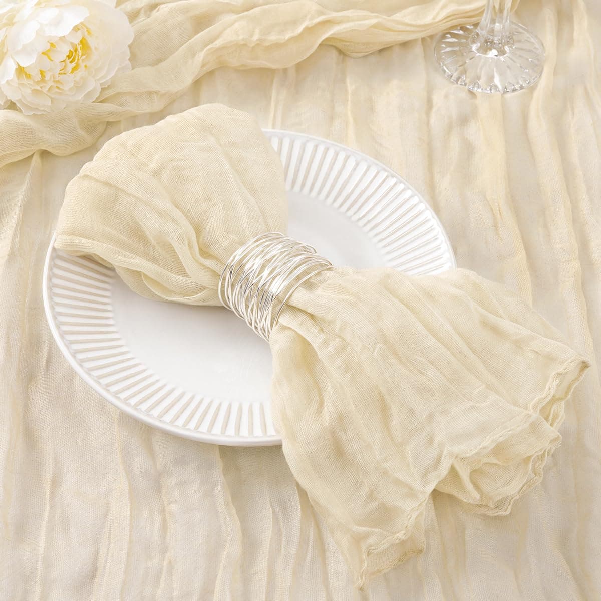 DeZerlor 50 Pack Beige Cheesecloth Napkins Summer Cloth Napkins Set of 50 Dinner Napkins Bulk 21x21 Inches for Wedding Bridal Shower Baby Shower Parties