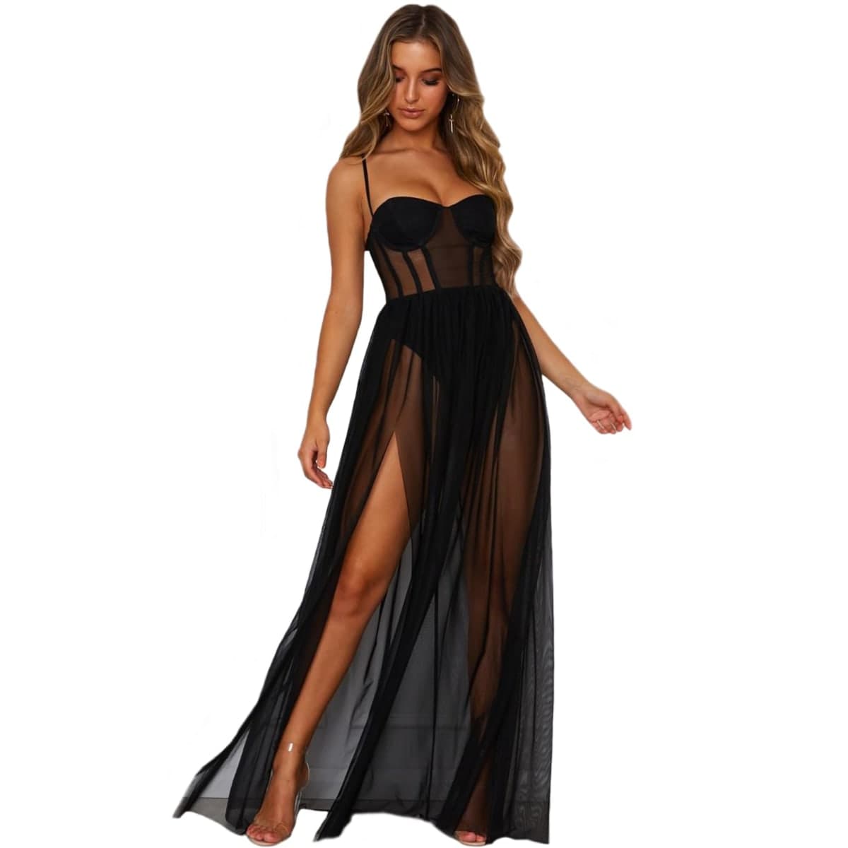 HYIJCSUC Women's Sheer Mesh Corset Maxi Dress Spaghetti Strap Bodycon Dresses Club Party Long Dresses Side Slit Dress, Black, X-Large — image 1