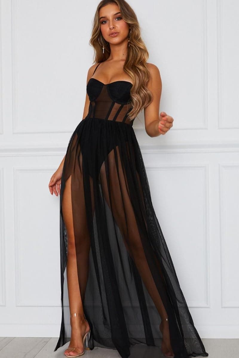 HYIJCSUC Women's Sheer Mesh Corset Maxi Dress Spaghetti Strap Bodycon Dresses Club Party Long Dresses Side Slit Dress, Black, X-Large thumbnail 2