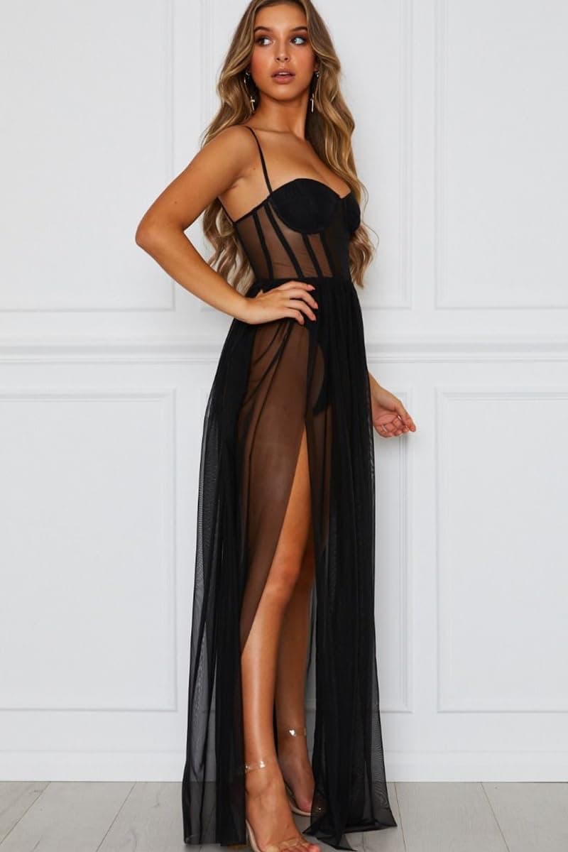 HYIJCSUC Women's Sheer Mesh Corset Maxi Dress Spaghetti Strap Bodycon Dresses Club Party Long Dresses Side Slit Dress, Black, X-Large thumbnail 3