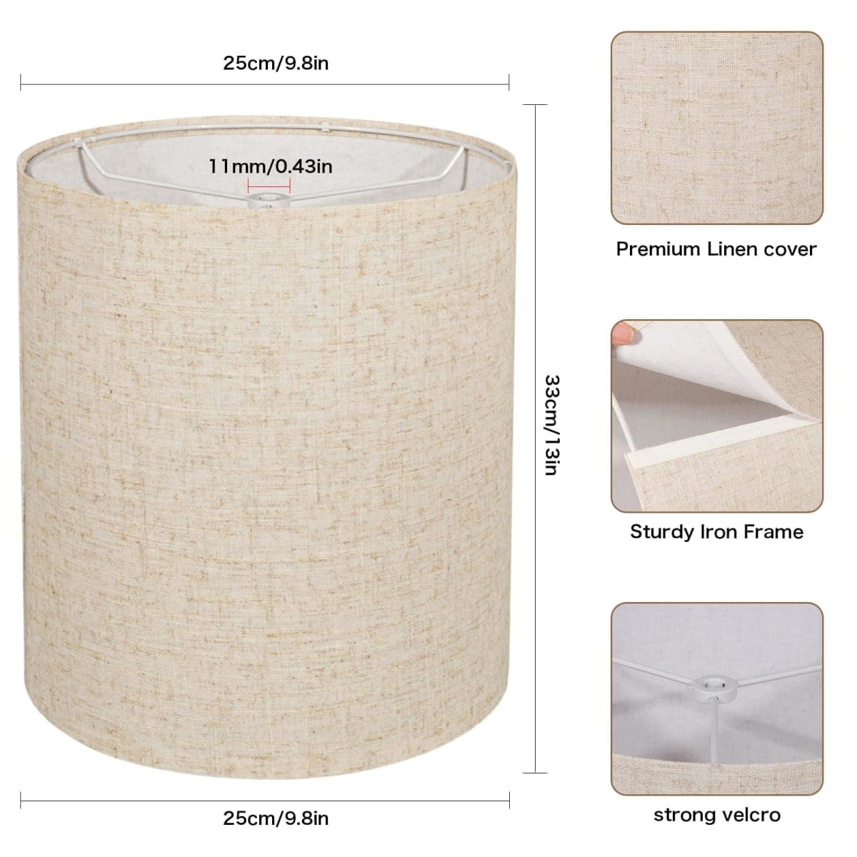 Tall Lampshades Set of 2, Beige Linen Drum Lampshades, 11" Top x 11" Bottom x 12" High Lamp Shade, Lamp Shades Replacement for Table and Floor Lamps, Pendant Light, Handcrafted, Easy Assembly thumbnail 4